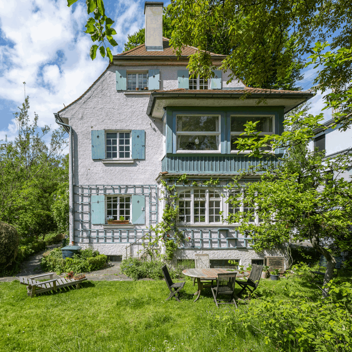 Historic artist’s villa, Munich – garden elevation with half-timbered upper floor